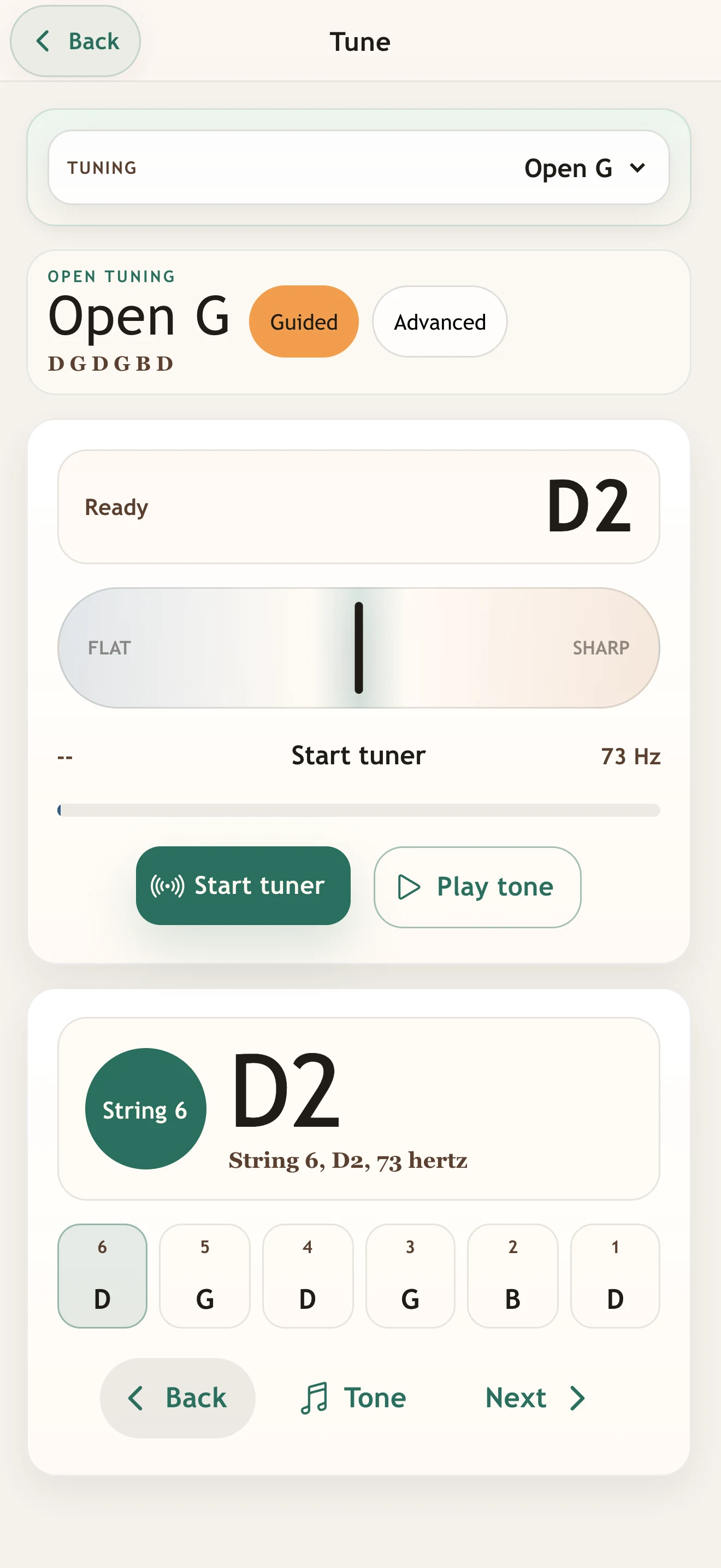 Open Tunings Trainer guided tuner for open-tuning string targets.