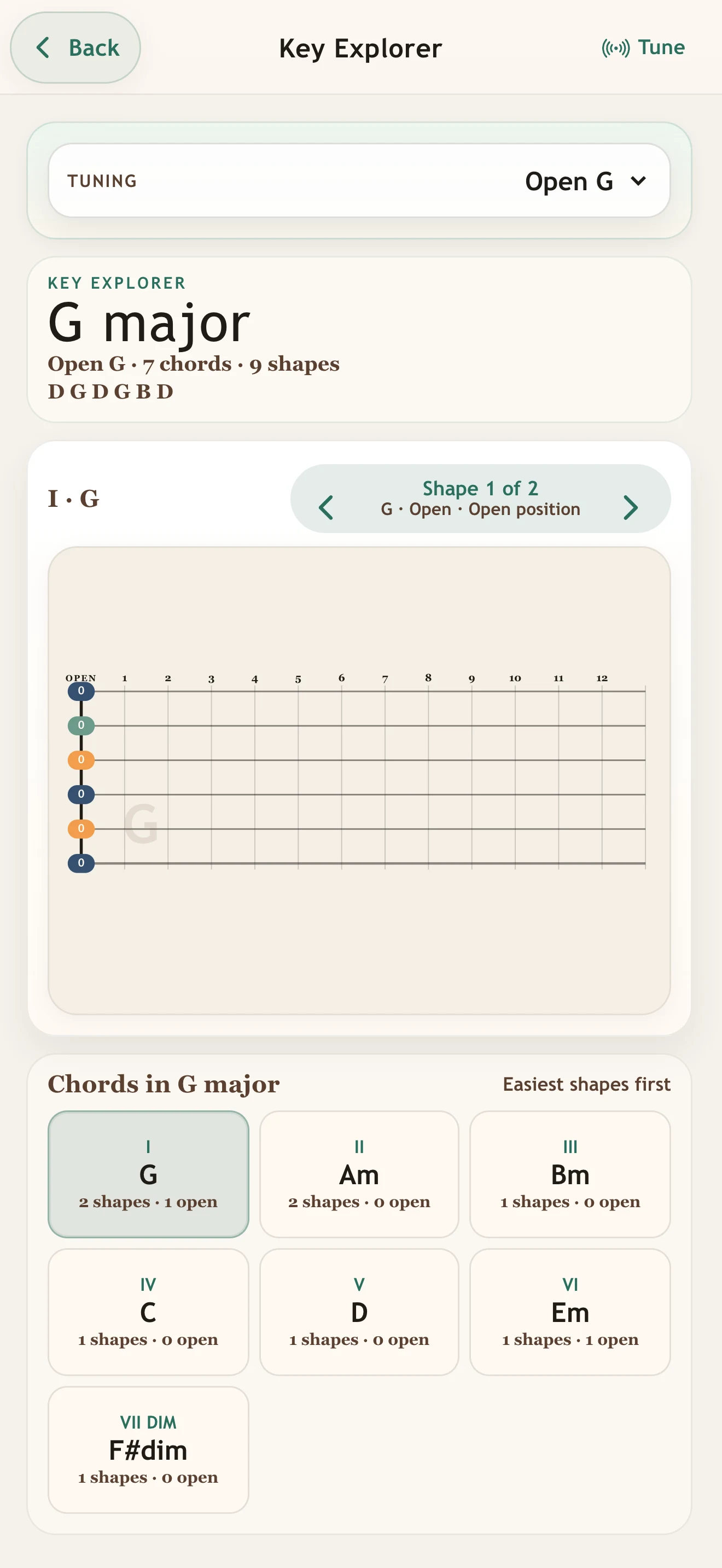 Open Tunings Trainer Key Explorer showing chords in an open tuning.