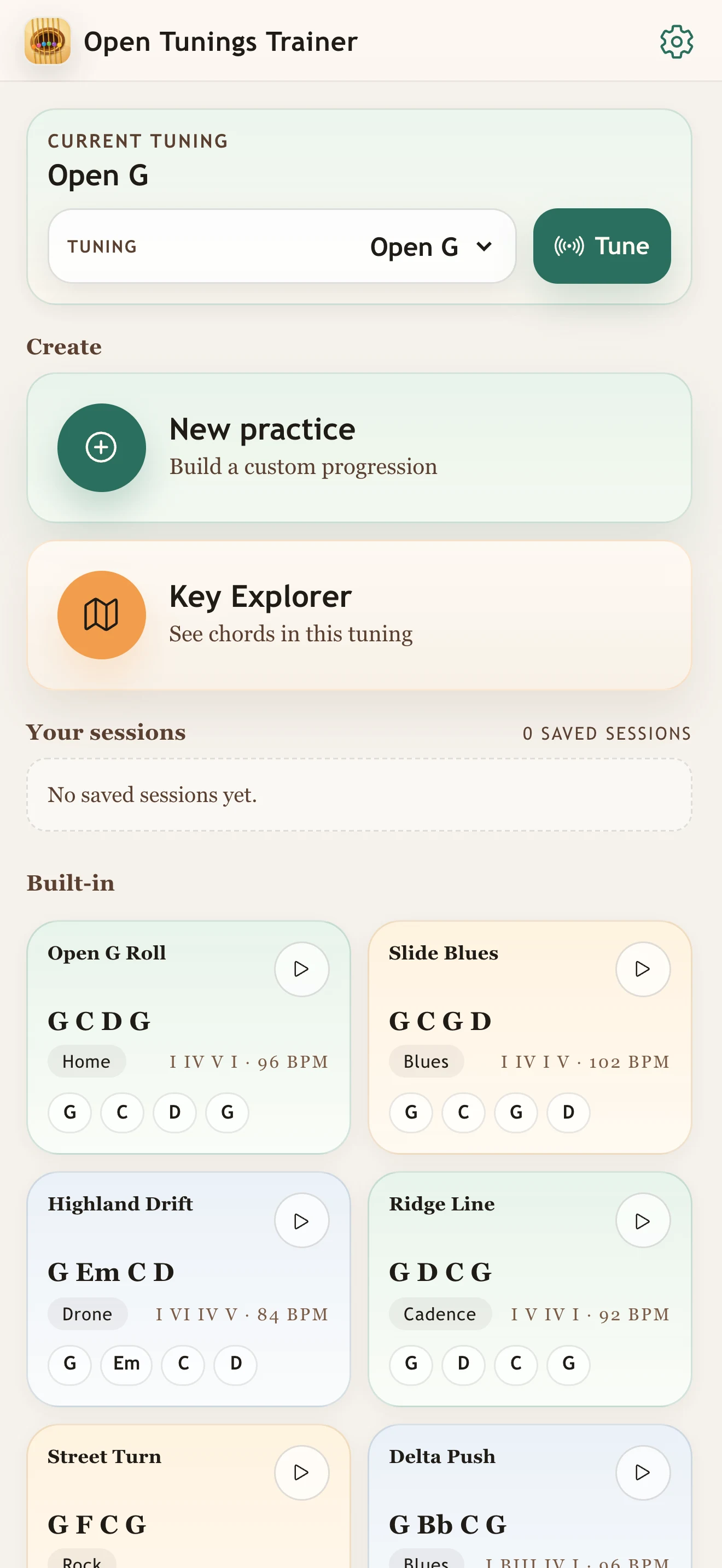 Open Tunings Trainer library showing tuning-specific practice loops.